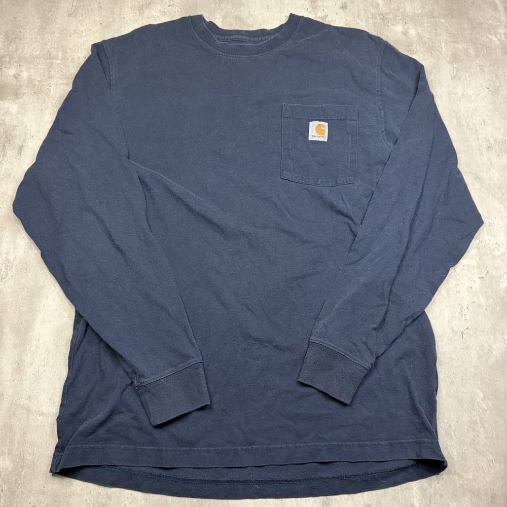 Carhartt T-Shirt Mens Medium Navy Original Fit Logo Chest Pocket Long Sleeve